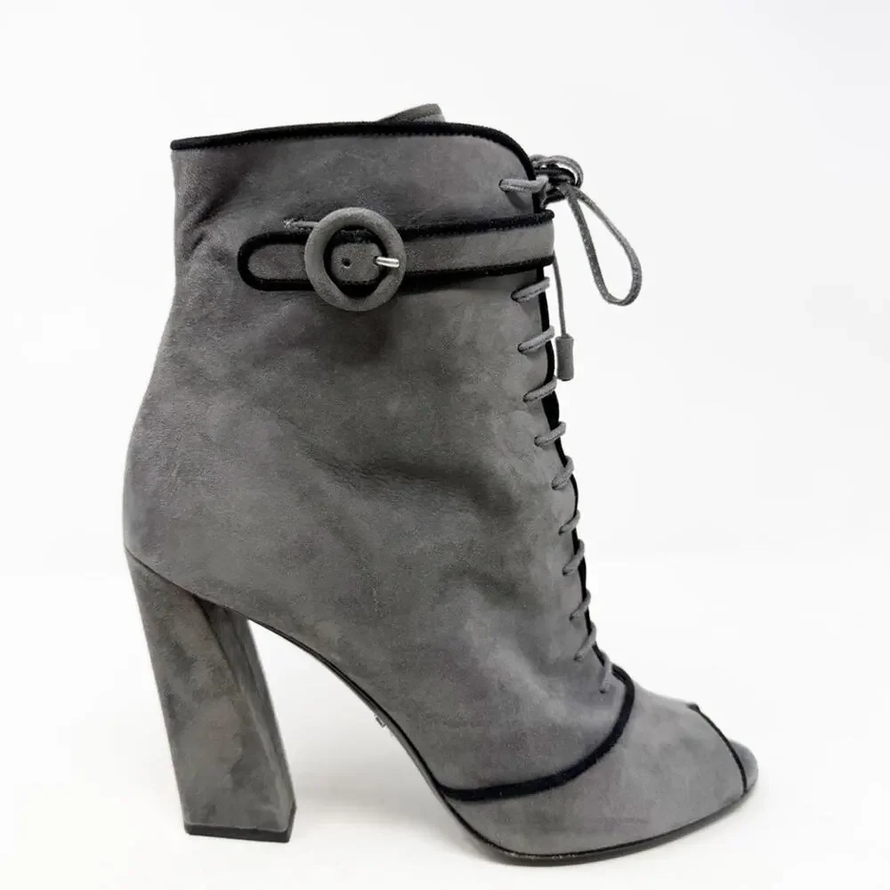 Prada Suede Peep Toe Lace Up Block Heel Boots Womens Size EU 40